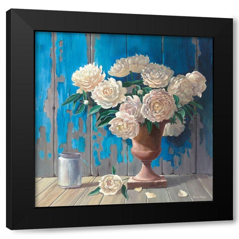 AGED WOOD AND PEONIES Black Modern Wood Framed Art Print by v.d. Valk, Karin