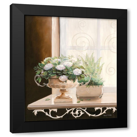 FLOWERS AT THE WINDOW I Black Modern Wood Framed Art Print with Double Matting by v.d. Valk, Karin