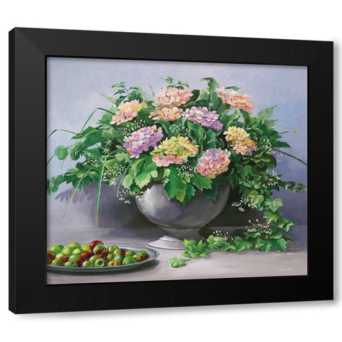 FLOWERS AND APPLES Black Modern Wood Framed Art Print by v.d. Valk, Karin
