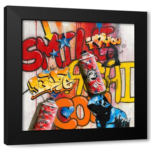 SMILE AGAIN GRAFFITY Black Modern Wood Framed Art Print with Double Matting by Moega