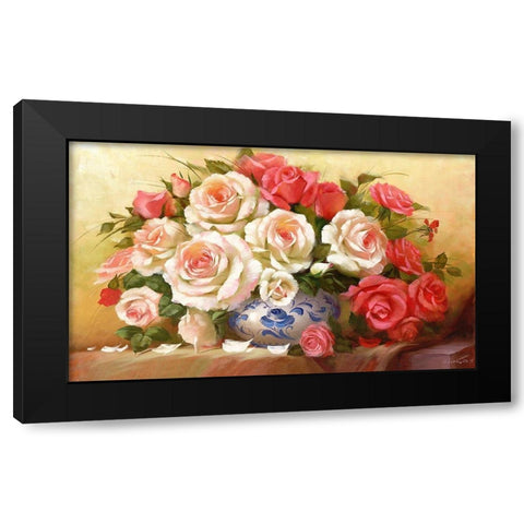 RED WHITE ROSES Black Modern Wood Framed Art Print by Dvoretskiy, Petrovich