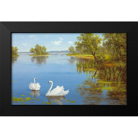 SWANS ON THE LAKE Black Modern Wood Framed Art Print by Slava