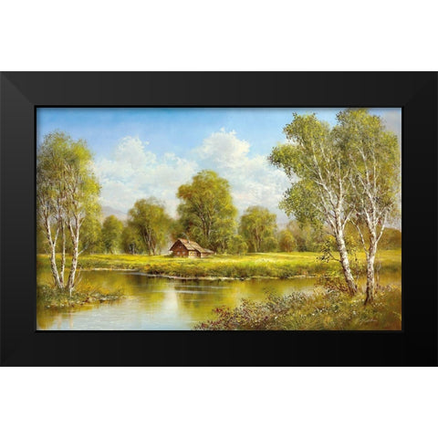 COTTAGE AT THE LAKE Black Modern Wood Framed Art Print by Glassl, Helmut