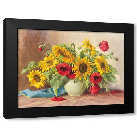 POPPIES AND SUNFLOWERS Black Modern Wood Framed Art Print by Krueger, E.