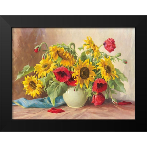 POPPIES AND SUNFLOWERS Black Modern Wood Framed Art Print by Krueger, E.