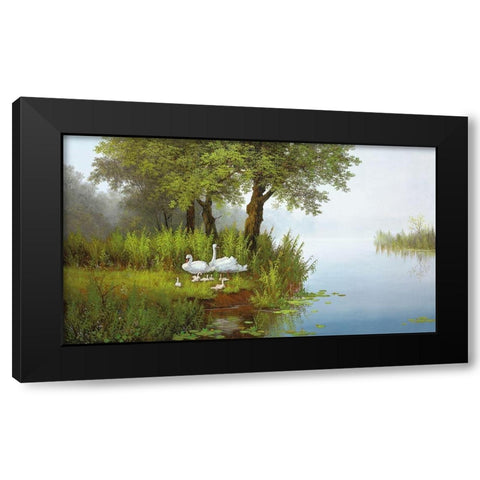 SWANS AT THE POND I Black Modern Wood Framed Art Print by Slava