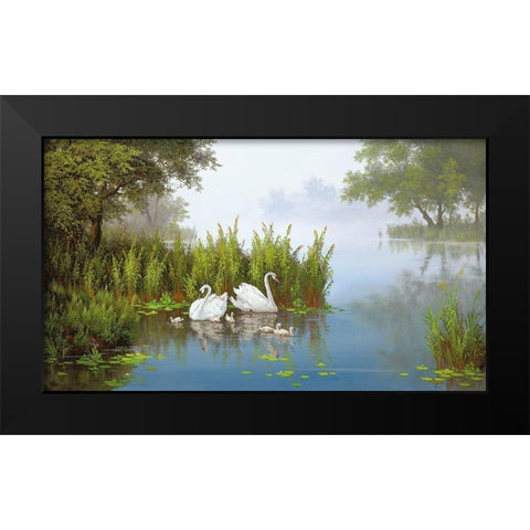 SWANS AT THE POND II Black Modern Wood Framed Art Print by Slava