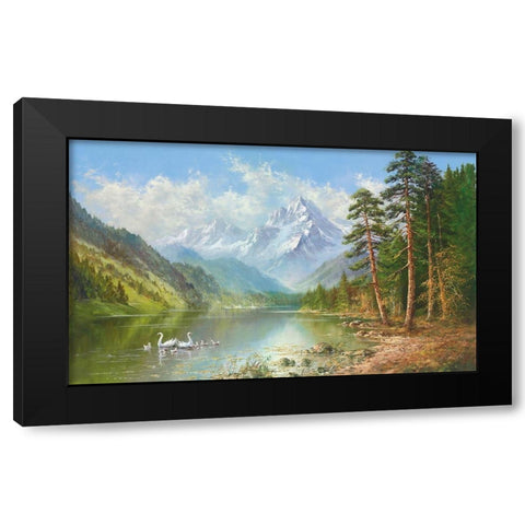 SWAN FAMILY IN SPRINGTIME Black Modern Wood Framed Art Print by Glassl, Helmut