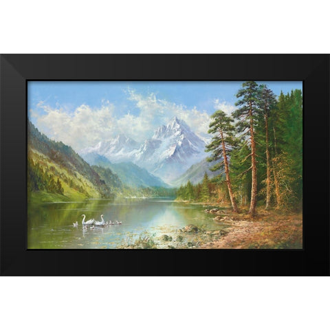 SWAN FAMILY IN SPRINGTIME Black Modern Wood Framed Art Print by Glassl, Helmut