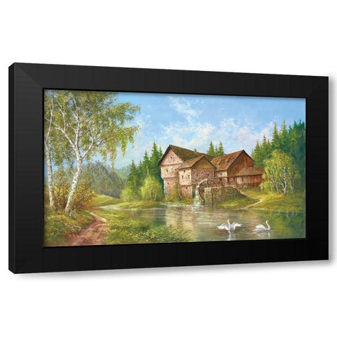 Mill With Swans Black Modern Wood Framed Art Print by Glassl, Helmut