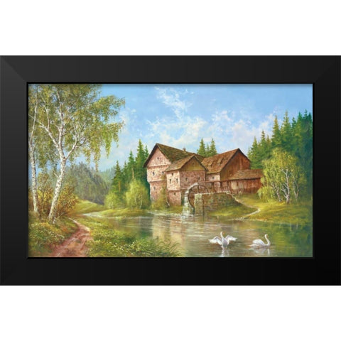 Mill With Swans Black Modern Wood Framed Art Print by Glassl, Helmut