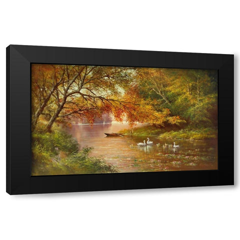 Swan Family In Autumn Black Modern Wood Framed Art Print with Double Matting by Glassl, Helmut