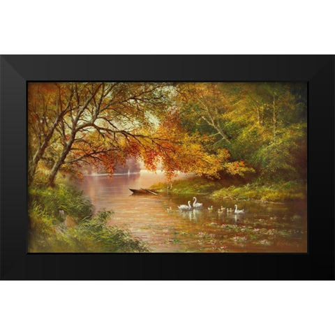 Swan Family In Autumn Black Modern Wood Framed Art Print by Glassl, Helmut
