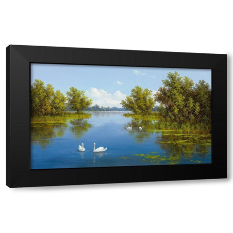 RIVER WITH SWANS I Black Modern Wood Framed Art Print by Slava