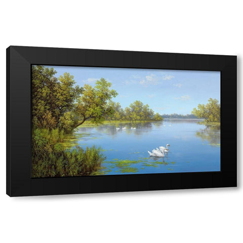 RIVER WITH SWANS II Black Modern Wood Framed Art Print with Double Matting by Slava