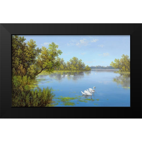 RIVER WITH SWANS II Black Modern Wood Framed Art Print by Slava