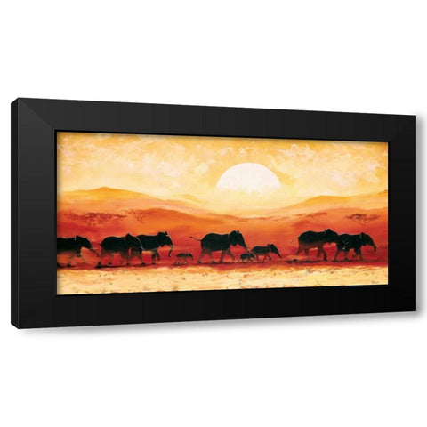 Elephants in sunset Black Modern Wood Framed Art Print by Renee