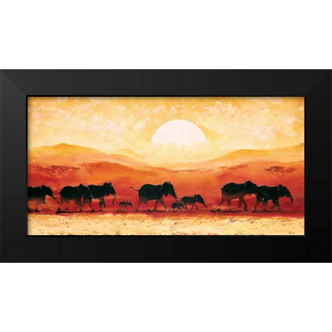 Elephants in sunset Black Modern Wood Framed Art Print by Renee