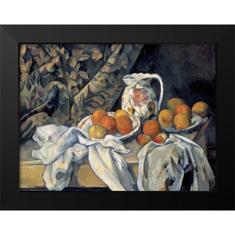 Still Life with a Curtain and Pitcher Black Modern Wood Framed Art Print by Cezanne, Paul
