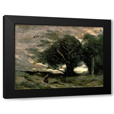 Gust of Wind Black Modern Wood Framed Art Print with Double Matting by Corot, Jean-Baptiste-Camille
