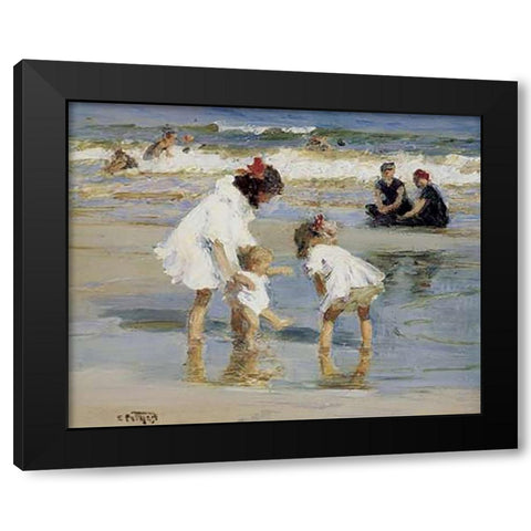 Children Playing At The Seashore Black Modern Wood Framed Art Print with Double Matting by Potthast, Edward Henry