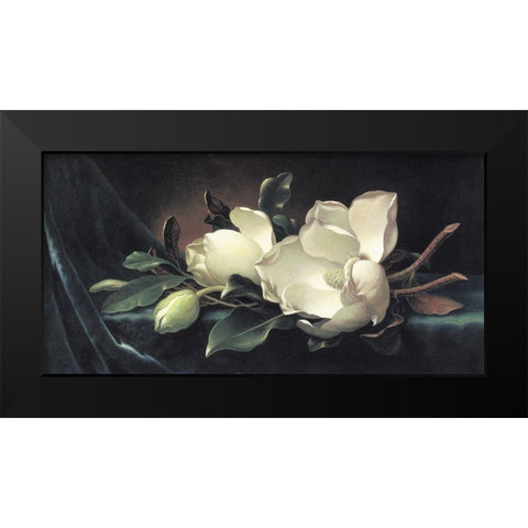 Magnolia Blossom On Blue Velvet Black Modern Wood Framed Art Print by Heade, Martin Johnson