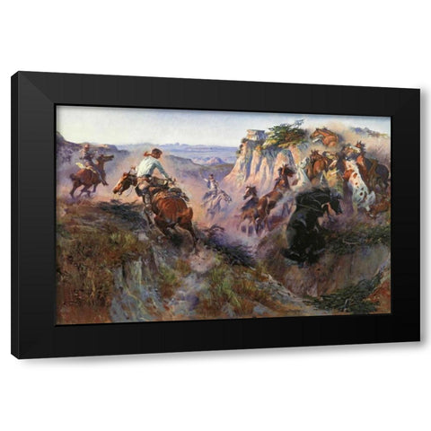 The Wild Horse Hunters Black Modern Wood Framed Art Print with Double Matting by Russell, Charles M.