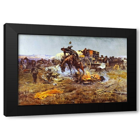 Camp Cooks Troubles Black Modern Wood Framed Art Print by Russell, Charles M.