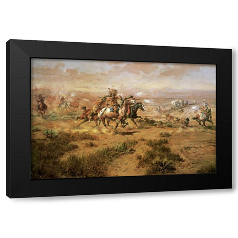 The Attack On The Wagon Train Black Modern Wood Framed Art Print with Double Matting by Russell, Charles M.