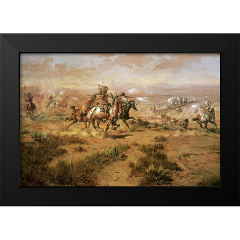 The Attack On The Wagon Train Black Modern Wood Framed Art Print by Russell, Charles M.