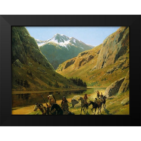 Indian Maurauders In Party Fording Stream Black Modern Wood Framed Art Print by Farny, Henry
