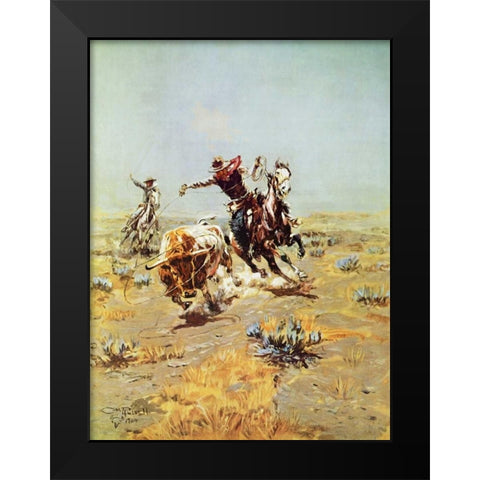 Cowboy Roping a Steer Black Modern Wood Framed Art Print by Russell, Charles M.