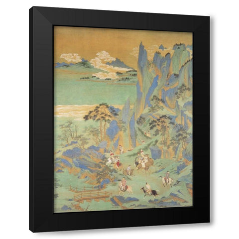 Travellers In The Mountains Of Shu Black Modern Wood Framed Art Print with Double Matting by Anonymous