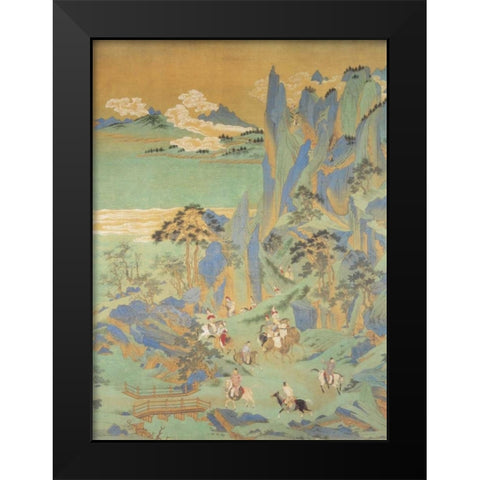 Travellers In The Mountains Of Shu Black Modern Wood Framed Art Print by Anonymous