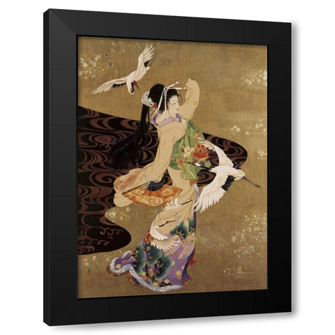 Dance Of Cranes Black Modern Wood Framed Art Print with Double Matting by Morita, Haruyo
