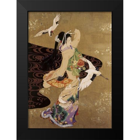 Dance Of Cranes Black Modern Wood Framed Art Print by Morita, Haruyo