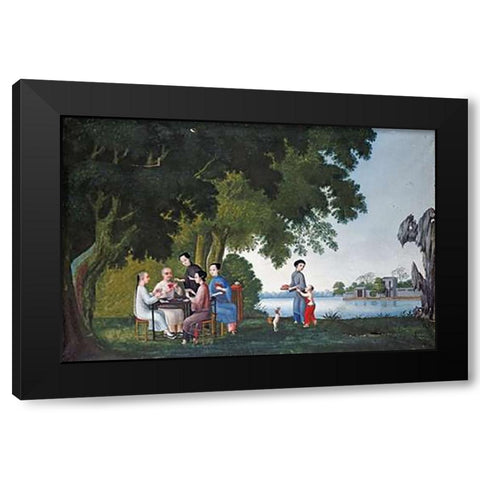 Chinese Playing Cards By a River Black Modern Wood Framed Art Print by Anglo-Chinese School