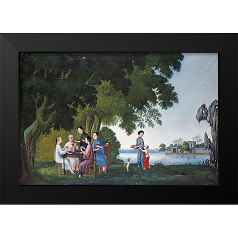 Chinese Playing Cards By a River Black Modern Wood Framed Art Print by Anglo-Chinese School