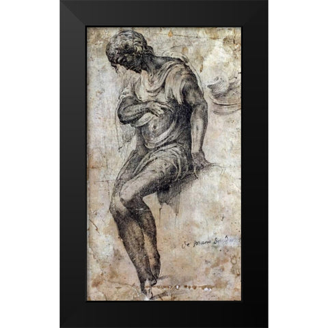 A Man Seated on a Ledge Black Modern Wood Framed Art Print by Berruguete, Alonso