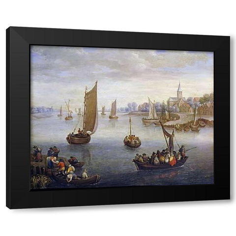 A River Landscape With Ferry Boats a Village Beyond Black Modern Wood Framed Art Print with Double Matting by Beschey, Charles