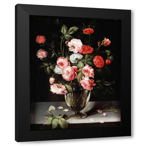 Roses and Carnations In a Glass Vase On a Stone Ledge Black Modern Wood Framed Art Print by Brueghel, Ambrosius