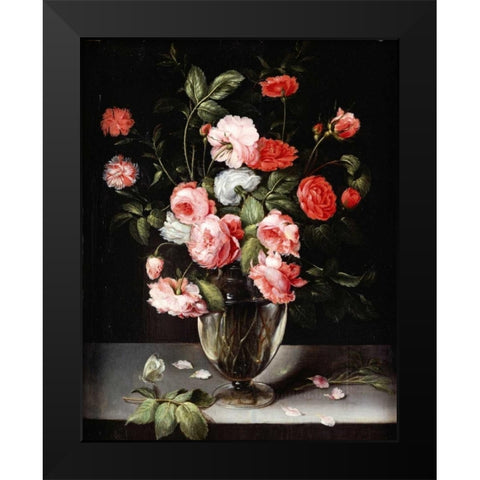 Roses and Carnations In a Glass Vase On a Stone Ledge Black Modern Wood Framed Art Print by Brueghel, Ambrosius