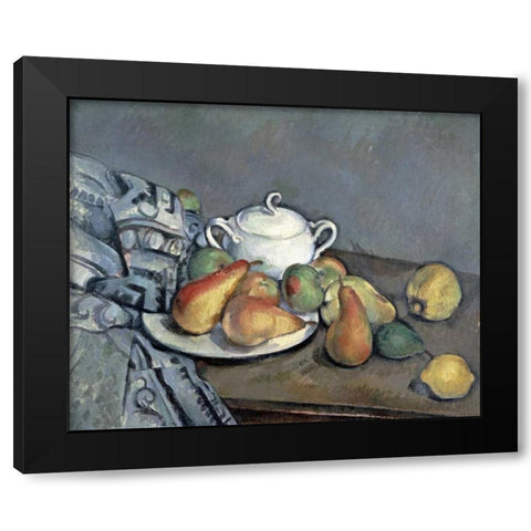 Sugar Bowl, Pears and Curtain Black Modern Wood Framed Art Print by Cezanne, Paul