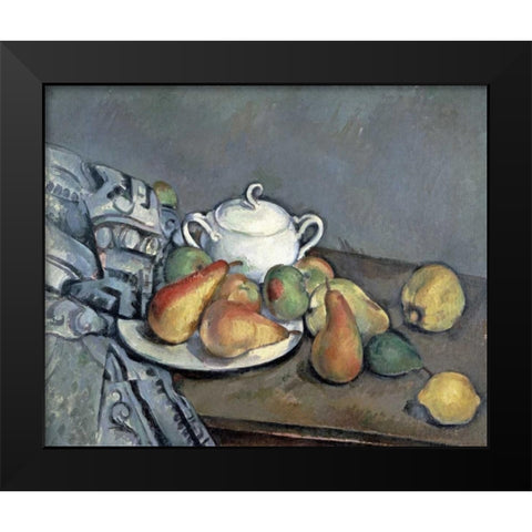 Sugar Bowl, Pears and Curtain Black Modern Wood Framed Art Print by Cezanne, Paul