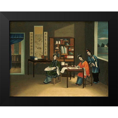 An Interior With a Woman Painting Flowers Black Modern Wood Framed Art Print by Chinese School