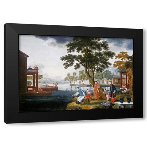 Summer: a Family Fishing By a Lake Black Modern Wood Framed Art Print with Double Matting by Chinese School