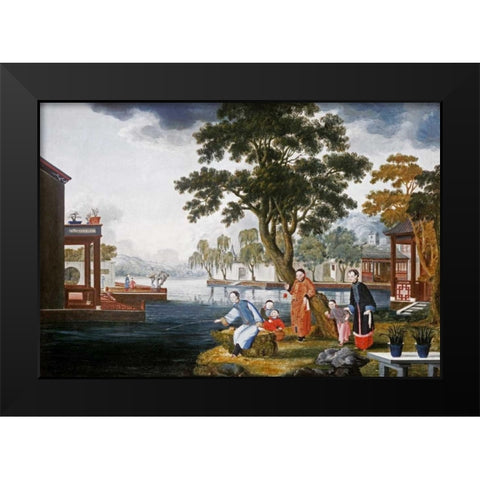 Summer: a Family Fishing By a Lake Black Modern Wood Framed Art Print by Chinese School