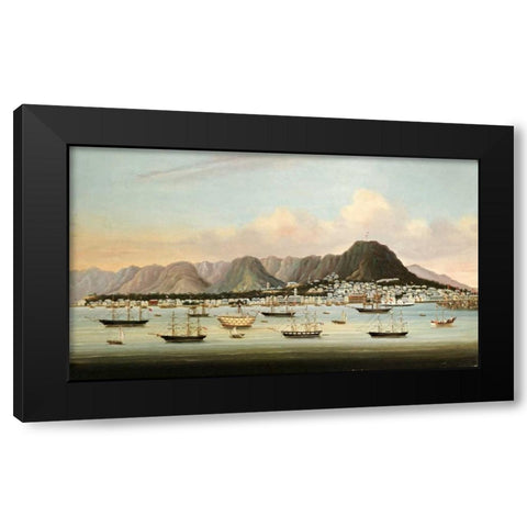 A View of Victoria, Hong Kong, With The Hulk H.M.S Princess Charlotte Black Modern Wood Framed Art Print with Double Matting by Chinese School