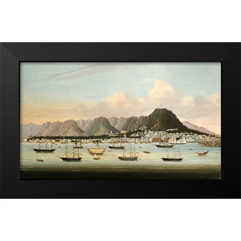 A View of Victoria, Hong Kong, With The Hulk H.M.S Princess Charlotte Black Modern Wood Framed Art Print by Chinese School