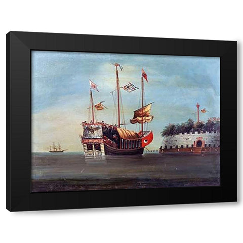 War Junks Off Folly Forts In The South China Sea Black Modern Wood Framed Art Print by Chinese School